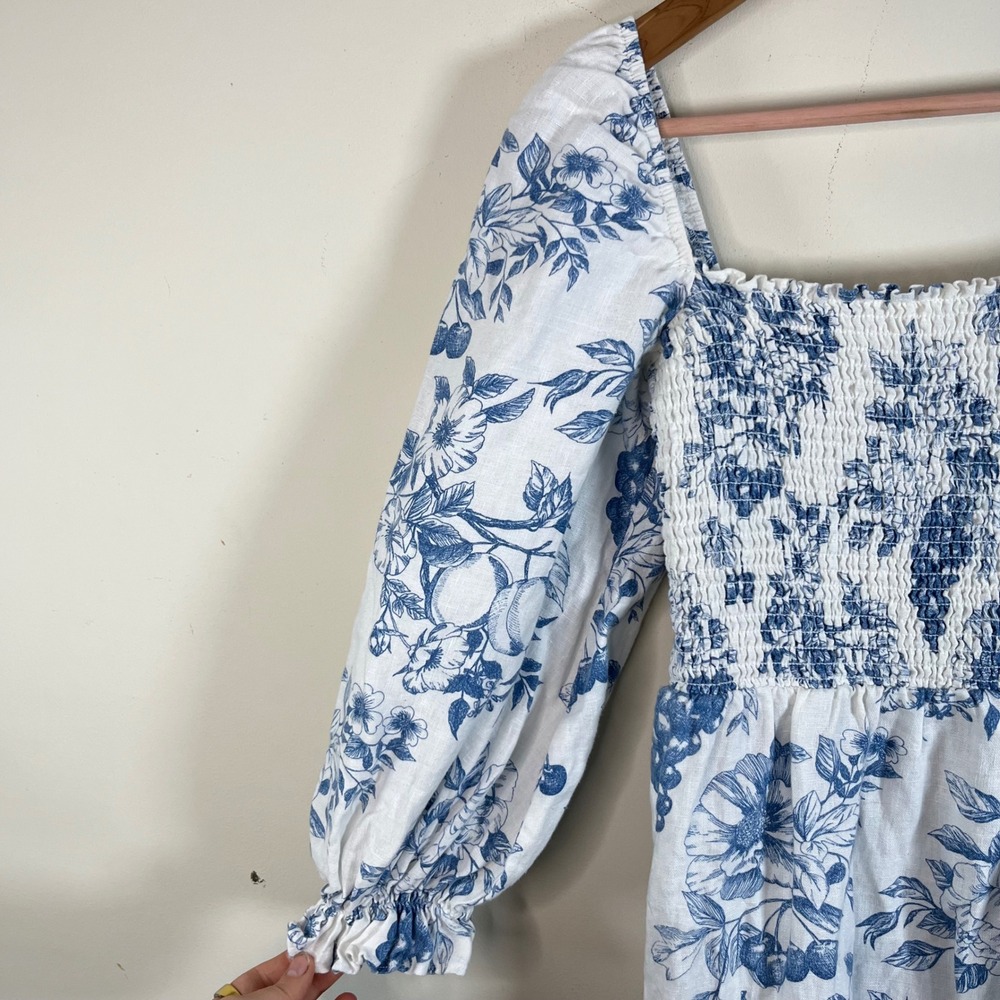Reformation Gitane Shirred Floral Print Linen Midi Dress Blue White Size Small - Picture 4 of 6